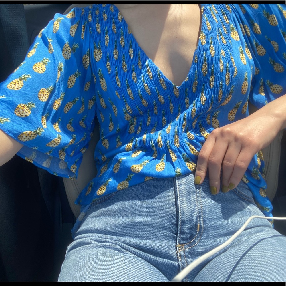 Zara Pineapple Pattern Deep V Blouse - image 1